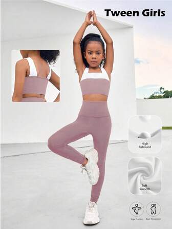 SHEIN Tween-Mädchen Sportliches schwarz-weißes elastisches Yoga-Activewear-Set mit bequemer, lockerer Passform