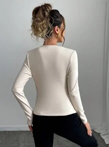 Chiquease Sudadera de felpa con escote, hombros y cintura asimétricos y fruncidos - Albaricoque - Ver 2