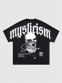 ROMWE MEN Street Life Áo thun nam tay ngắn mùa hè in khẩu hiệu, khẩu trang và hình nhân vật, phong cách trường học những năm 2000 - màu đen - Xem 2