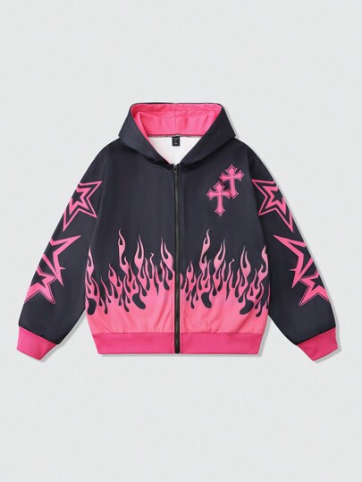 Street Life Men's Loose Crop Cut Flame Print Streetwear Hoodie