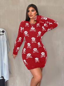 Zolique New Halloween Skull Pattern Bodycon Plush Crew Neck Long Sleeve Distressed Sweater Dress Fall Cloth For Women - Red - View 5