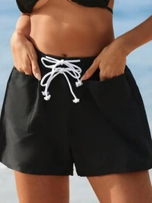 Swim Lushoire Women Casual Solid Color Drawstring Waist Beach Shorts Summer