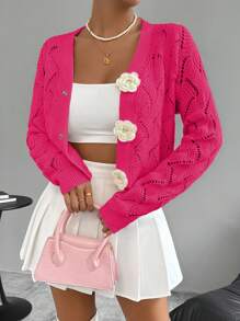 Chiquease 女士常规款花卉装饰镂空针织开衫 - 玫紅色 - 查看 1