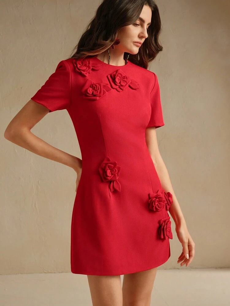 1pc Ladies Elegant Waist Defined Red Short Sleeve Christmas Dress With 3D Floral Decor For New Year Clothes