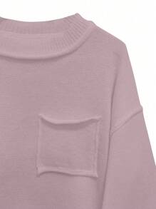 SHEIN LUNE Autumn New Solid Color Frayed Pocket Long Sleeve Top Women Casual Pullover Sweater