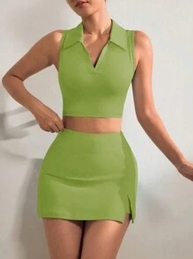 Easithlete Solid Color Slim Fit Cropped Tank & Skirt Shorts Sports Set