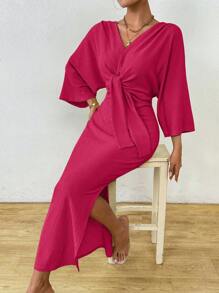 SHEIN Clasi 1pc Women Plain Color Long Sleeve Front Tie Slit Simple Casual Dress Maxi Women Outfit