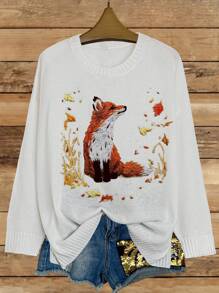 SHEIN CURVE+ Plus Size Crew Neck Long Sleeve Graphic Detail Minimalist Sweater, Casual For Everyday Wear