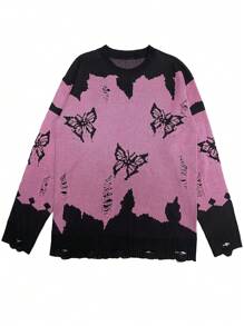 Chillumni Herren Rundhals Langarm Pullover mit Schmetterlings-Muster-Details und Farbblöcken, minimalistischer lässiger Pullover, für Ausgehen, Freunde - Schwarz - Übersicht 1