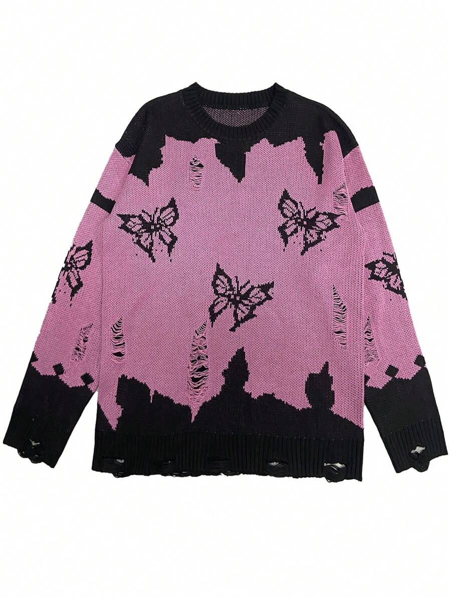 Chillumni Herren Rundhals Langarm Pullover mit Schmetterlings-Muster-Details und Farbblöcken, minimalistischer lässiger Pullover, für Ausgehen, Freunde - Schwarz - Übersicht 1