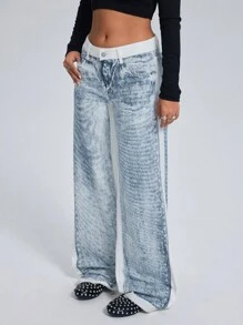 SHEIN ICON 女式纯色拼布前扣口袋休闲牛仔裤 Grunge 低腰直筒宽松牛仔裤 - 彩色 - 查看 6