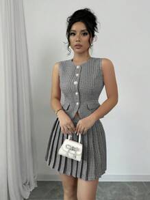 Elenzga Women's Plaid Single-Breasted Vest And Pleated Mini Skirt Elegant 2 Pieces Set - Multicolor - View 5