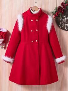 SHEIN Abrigo de niñas preadolescentes de doble botonadura tipo británico, falso y cálido, y elegante para el invierno
