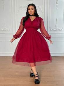Celure Vestido romântico de tule transparente de cintura marcada, cor sólida, elegante e vintage, em Plus Size