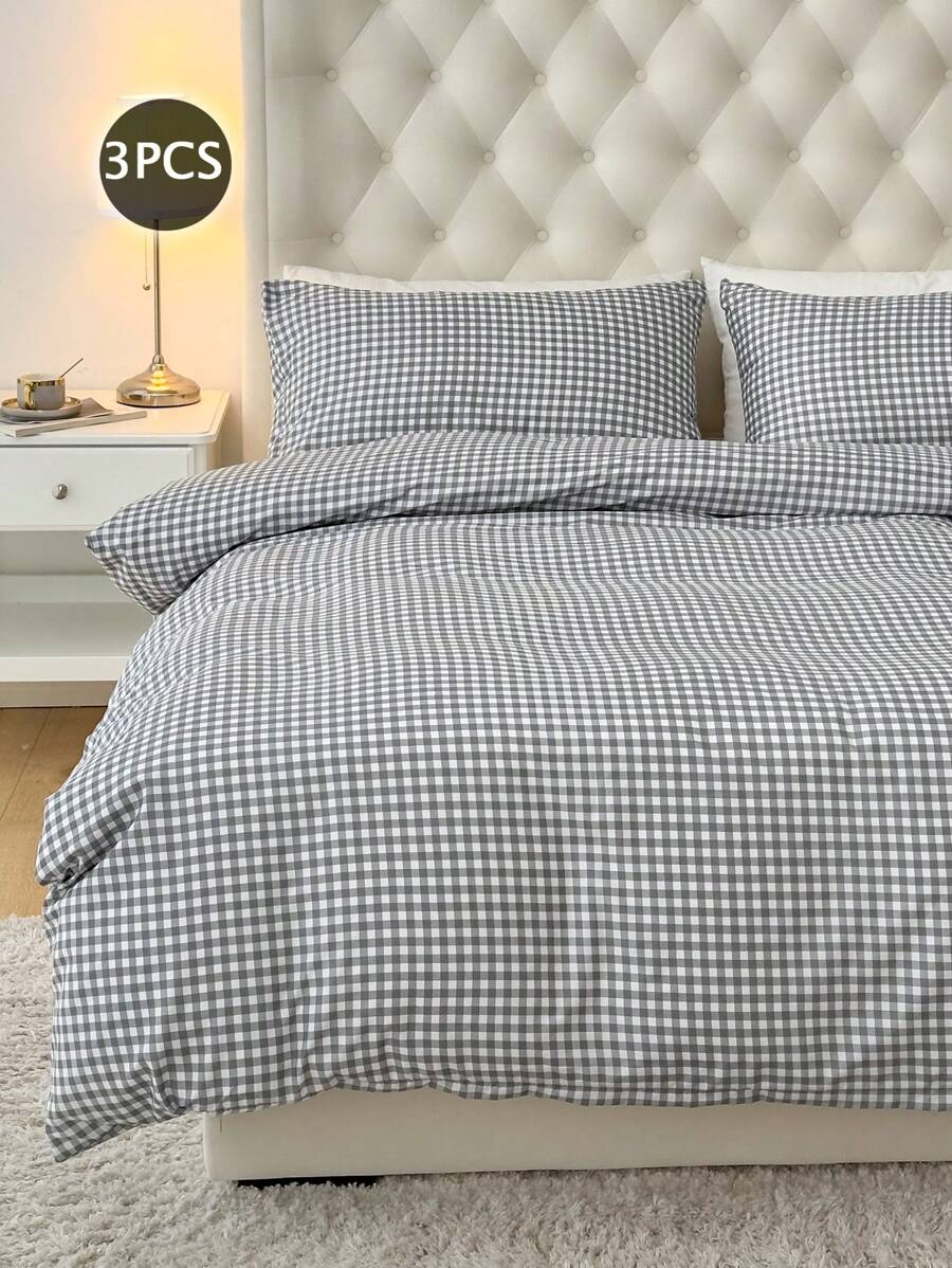 3 件套格子涤纶床上用品套装（仅羽绒被套，无填充物）