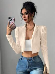 Calvaya Padded Gigot Sleeve Textured Fashionable Cropped Cardigan Jacket, White