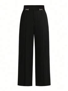 SHEIN Clasi Pantaloni palazzo eleganti, larghi e morbidi, di colore unico, con design a catena in vita, per taglie comode - nero - Visualizzare 3