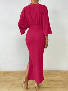 SHEIN Clasi 1pc Women Plain Color Long Sleeve Front Tie Slit Simple Casual Dress Maxi Women Outfit
