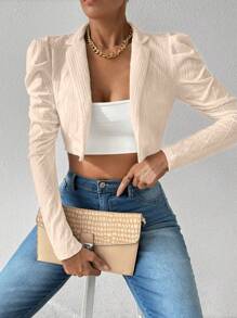 Calvaya Padded Gigot Sleeve Textured Fashionable Cropped Cardigan Jacket, White