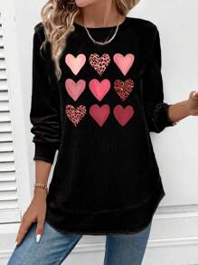 SHEIN LUNE Casual Heart Pattern Minimalist Loose Fit Crew Neck Long Sleeve Sweatshirt For Women, Suitable For Autumn & Winter