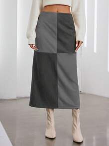 EMERY ROSE High Waist Suede Patchwork Color Block Split Hem Fitted Skirt, Slimming  Fall Cloth For Women - Grey - View 4