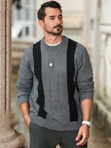 Manfinity Homme Pull col rond casual à manches longues avec graphique en couleur contrastée et bloc de couleur pour hommes, pour le travail et entre amis - Gris - Voir 1