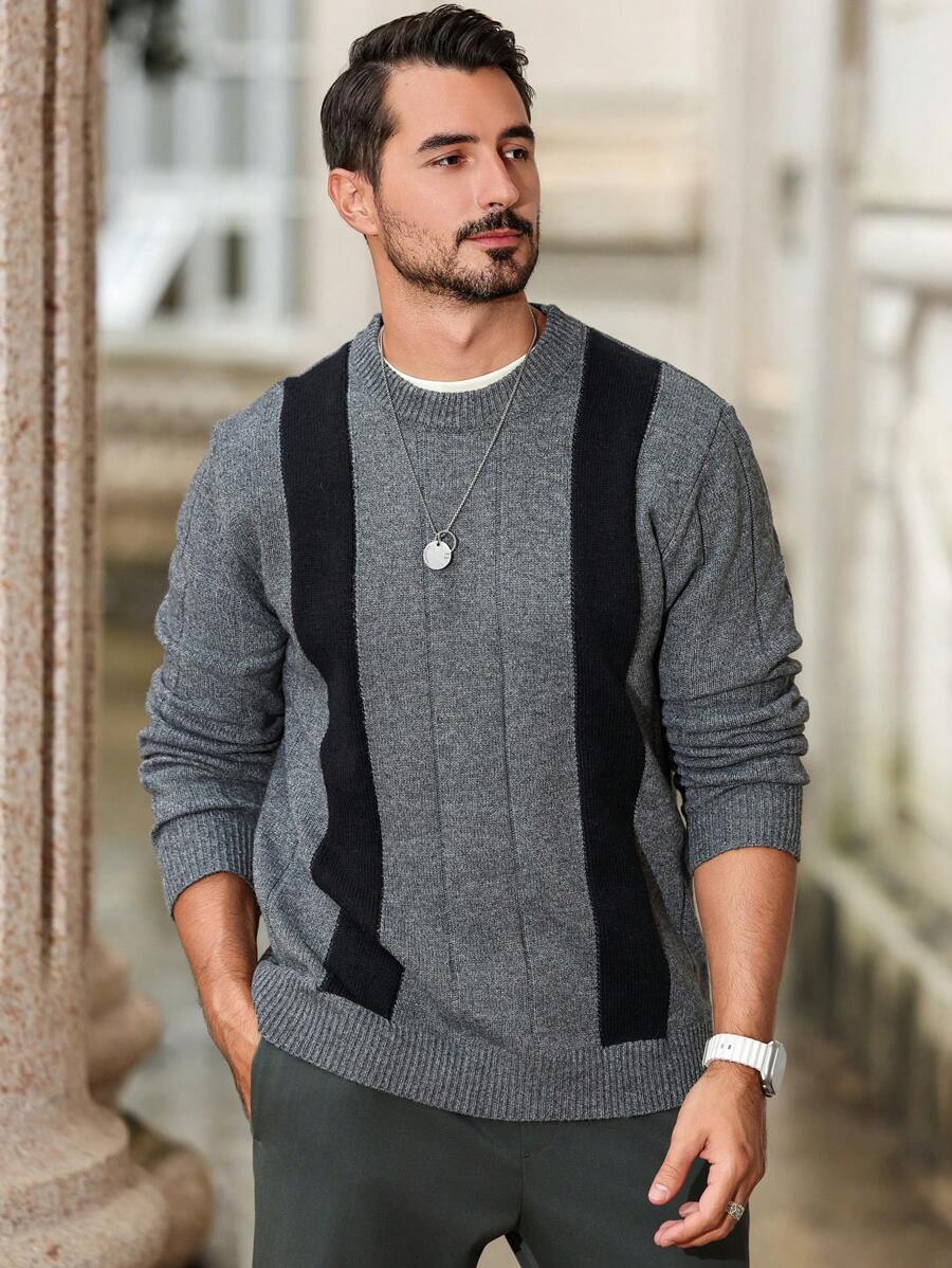 Manfinity Homme Pull col rond casual à manches longues avec graphique en couleur contrastée et bloc de couleur pour hommes, pour le travail et entre amis - Gris - Voir 1