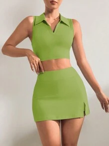 Easithlete Solid Color Slim Fit Cropped Tank & Skirt Shorts Sports Set
