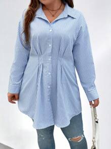 Calvaya Plus Size Casual Striped Pleated Cinched Waist Shirt, Autumn - Blue - View 4