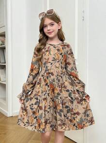 SHEIN Serisse Kids Tween Girls Floray Printed Puffy Long Sleeve With Ruffle Round Neck Dress, For Autumn Winter Daily Wear