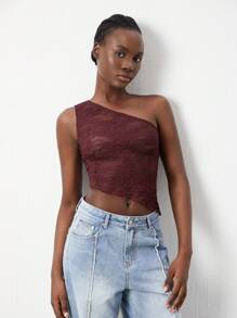 TRNVIE Random Cut Lace One-Shoulder Women Blouse - Maroon - View 3