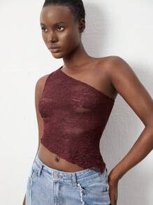 TRNVIE Random Cut Lace One-Shoulder Women Blouse - Maroon - View 6