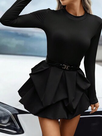 SHEIN PETITE Damer i enfärgad rund halsringad Slim-Fit medellång långärmad klänning i lager