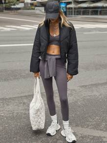 Flirla Women's Autumn/Winter Clothes Quilted Padded Stand Collar Drop Shoulder Cropped Hem Ribbed V Splice Casual Short Padded Padded Coat - Black - View 6