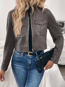 Louniche Women's Autumn/Winter Warm Short Military Green Jacket With Metal Buttons And Large Pockets Fall Cloth For Women - Grey - View 5