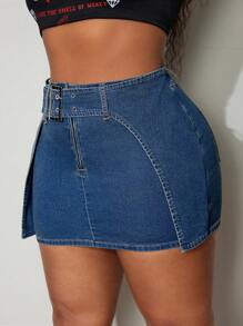 Slaydiva Váy mini denim chắp vá thường ngày cỡ lớn cho nữ - Màu xanh lam - Xem 5