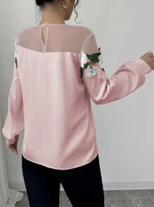 Chiquease Floral Embroidered Mesh Contrast Women Elegant Round Neck Long Sleeve Blouse, Autumn