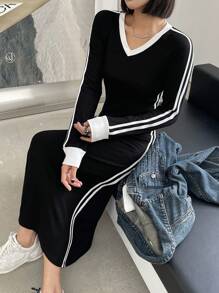 DAZY V领撞色女式长袖休闲中长连衣裙，秋季服装