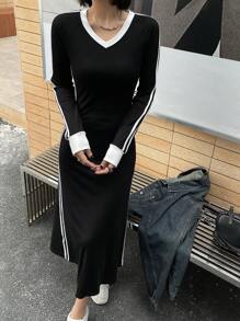 DAZY V领撞色女式长袖休闲中长连衣裙，秋季服装