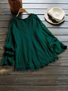 SHEIN LUNE Women Plus Size Open Front Cable Knit Solid Cardigan Short Cardigan, Winter - Dark Green - View 2