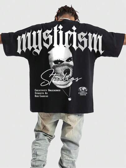 Street Life Herren Sommer Lässig Kurzarm T-Shirt mit Slogan Gesichtsmaske und Charakterdruck, Schule, 2000er Jahre Stil