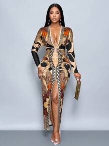 SOLERSUN Women's Chain Print Slit Thigh Bodycon Dress, Sexy Deep V-Neck, High Waisted Print Long Sleeve Dress, Elegant Maxi Women Outfit - Brown - View 4