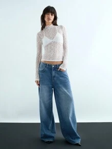 Maija 女士象牙色透明纹理蕾丝刺绣圆领长袖修身舒适四季百搭时尚都市优雅休闲商务办公装、低调成熟氛围、城市通勤、杂志编辑认可、城市社交活动/度假派对装、浪漫优雅法式轻松高端氛围、巡航/度假装、优雅知性女性婚礼宾客礼服 - 白色 - 查看 5