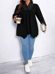 SHEIN CURVE+ 大码波点拼接长袖简约T恤，休闲日常穿着，春季女式印花上衣 - 黑色 - 查看 6