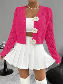 Chiquease 女士常规款花卉装饰镂空针织开衫 - 玫紅色 - 查看 5