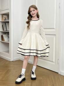 SHEIN Tween Girls 优雅拼布对比黑色滚边饰边分层下摆喇叭长袖连衣裙，秋冬连衣裙，适合秋冬季休闲日常穿着和学校日常穿着，返校 - 杏色 - 查看 7