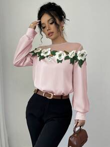 Chiquease Floral Embroidered Mesh Contrast Women Elegant Round Neck Long Sleeve Blouse, Autumn