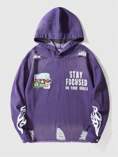 Street Life سترة كاجوال للرجال مطبوع عليها حرف مهترئة مع غطاء للرأس من القماش الجينز، خريفي