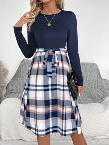 SHEIN Clasi Váy dài tay cổ tròn ôm sát có thắt lưng họa tiết kẻ caro - Màu xanh hải quân - Xem 4