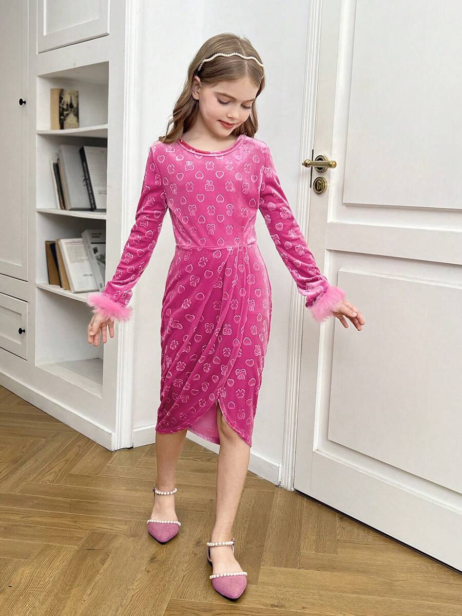 Tween Girl Burgundy Velvet Bow Embossed Long Sleeve High Collar Puff Cuff Hem Design Elegant Fit & Flare Christmas Party Dress, Autumn/Winter - Hot Pink - View 1